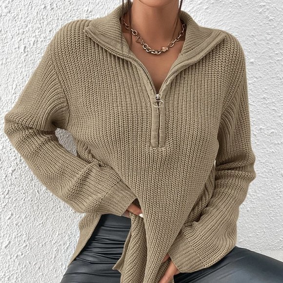 MODA ME COUTURE Sweaters - Casual Half Zip Split Hem Drop Shoulder Sweater Khaki
